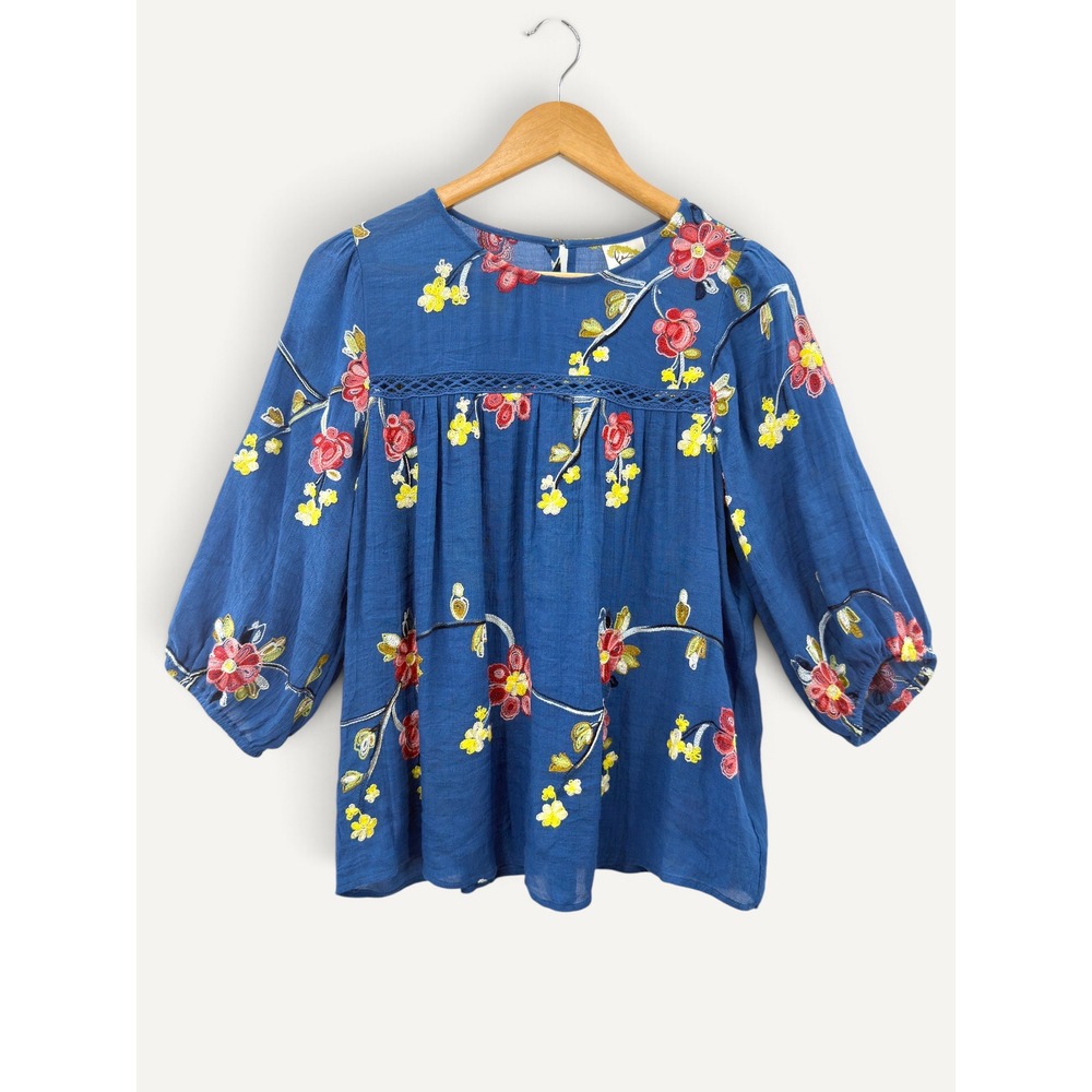 Fig & Flower Floral Boho Peasant Blouse Size L Bell Sleeve Lace Trim Babydoll